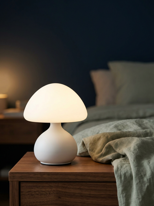 Mushroom table lamp on a walnut nightstand in a dark blue bedroom at night