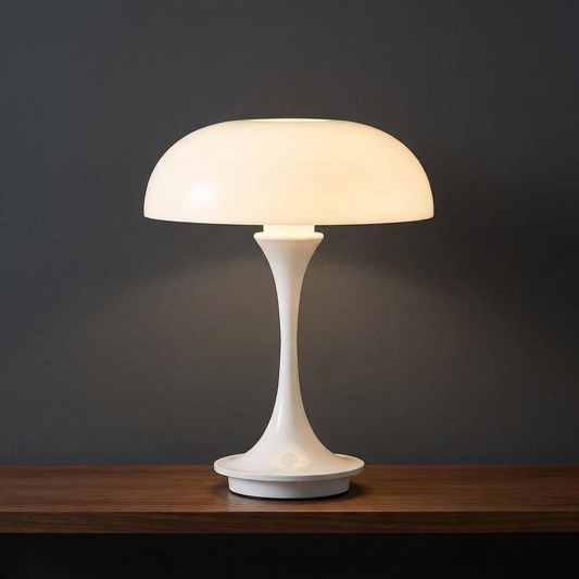 Mushroom night lamp in white, lit, against a charcoal wall