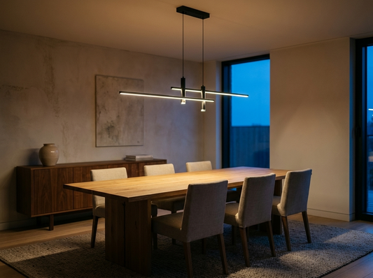 Black linear chandelier lit over a long oak dining table with six chairs in a furnished dining room at dusk