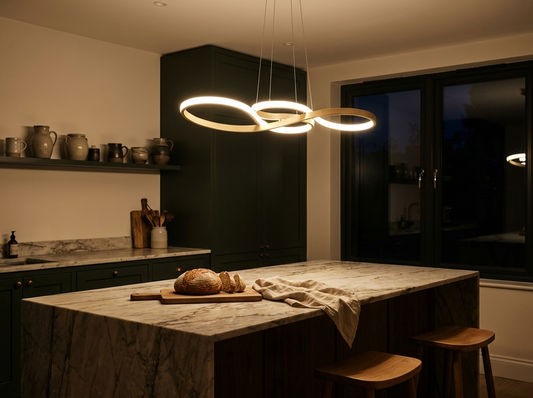 Gold looped pendant lighting a marble island in a dark green kitchen at night