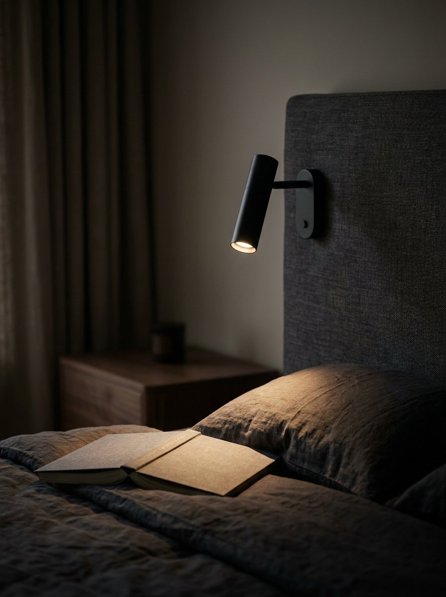Matte black bedside reading light casting a focused beam onto an open book