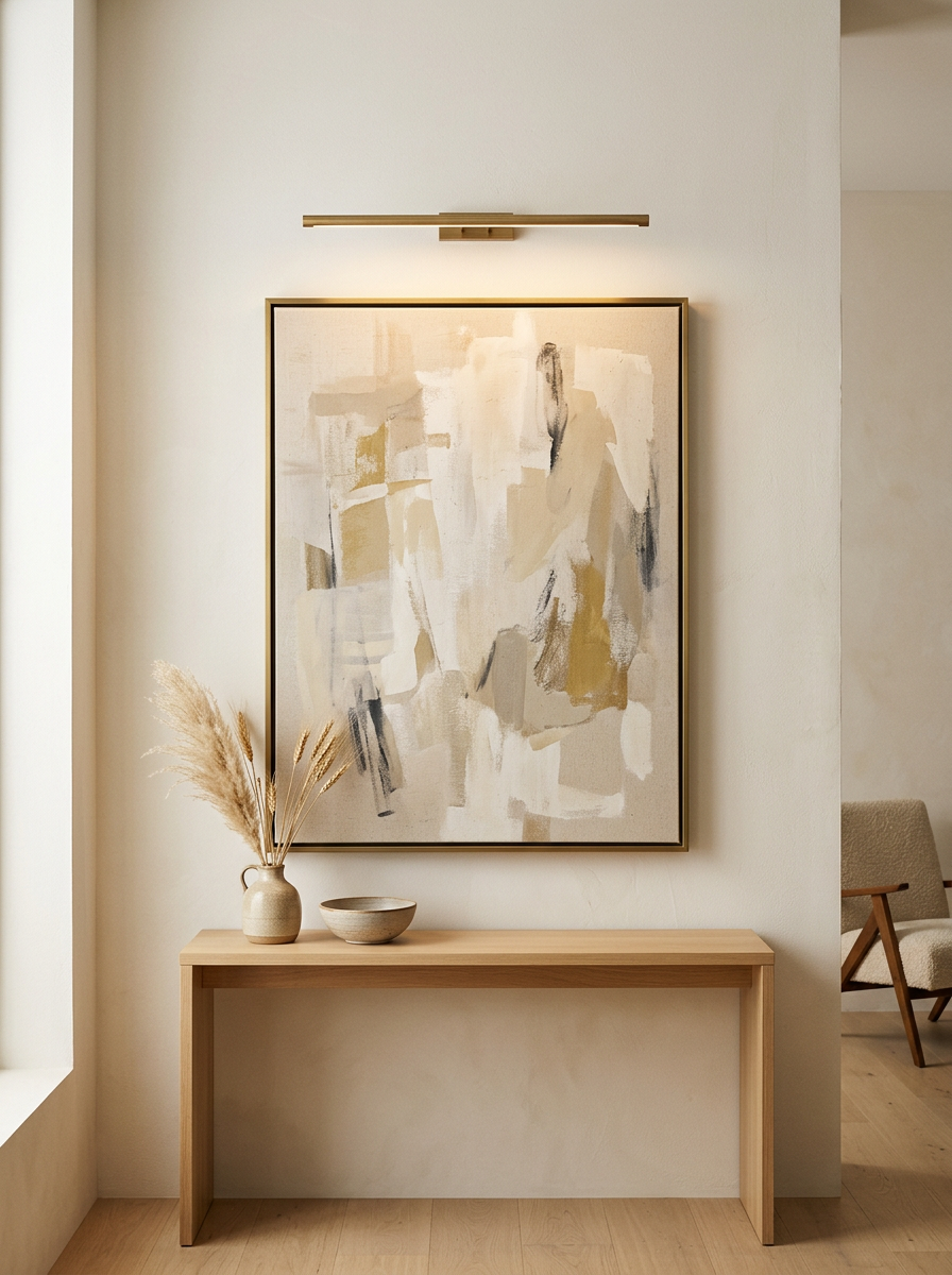 Brass battery picture light washing warm light over framed artwork