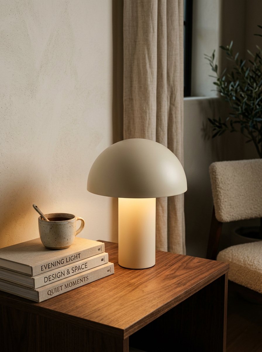 Cordless cream mushroom table lamp glowing on a walnut side table