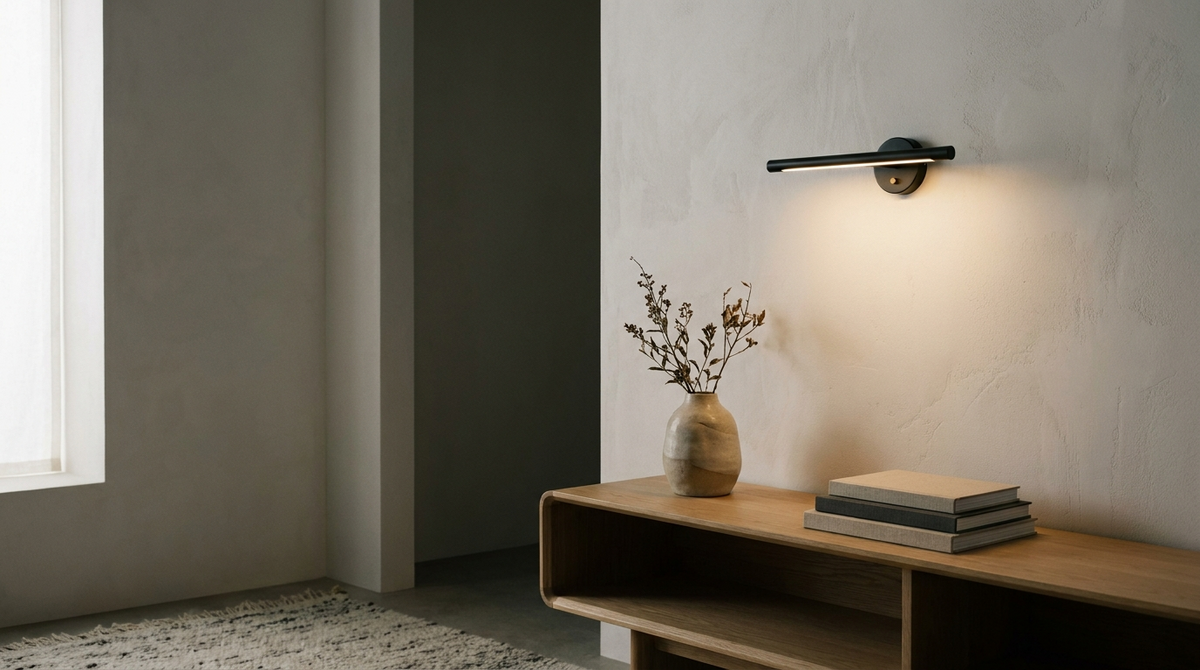 Cordless matte black wall sconce casting warm light on a plaster wall above an oak console