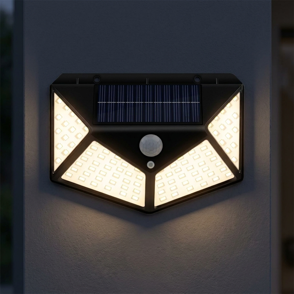 Solar motion sensor wall light lit at dusk on a charcoal exterior wall