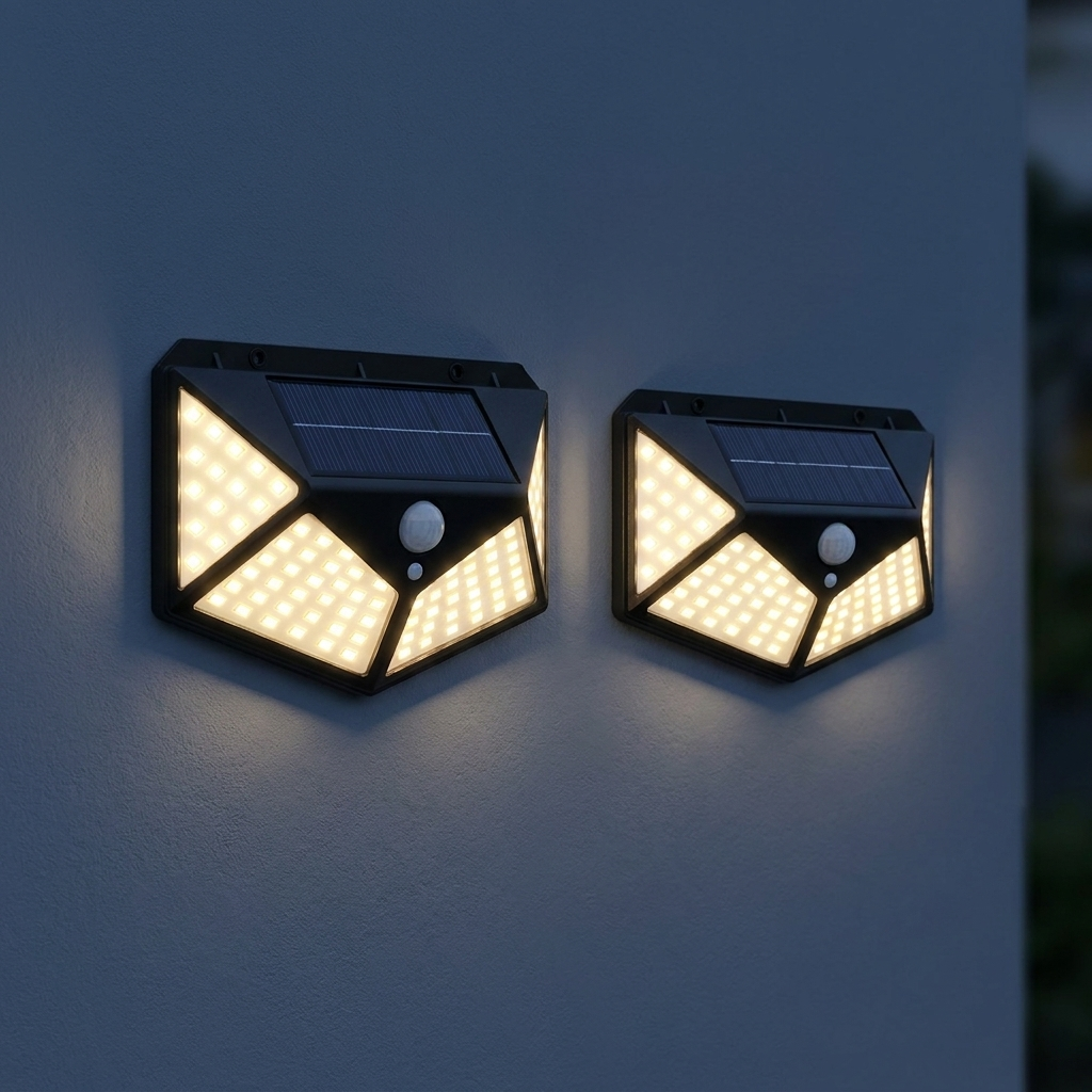 Two solar motion sensor wall lights lit at dusk on a slate blue exterior wall