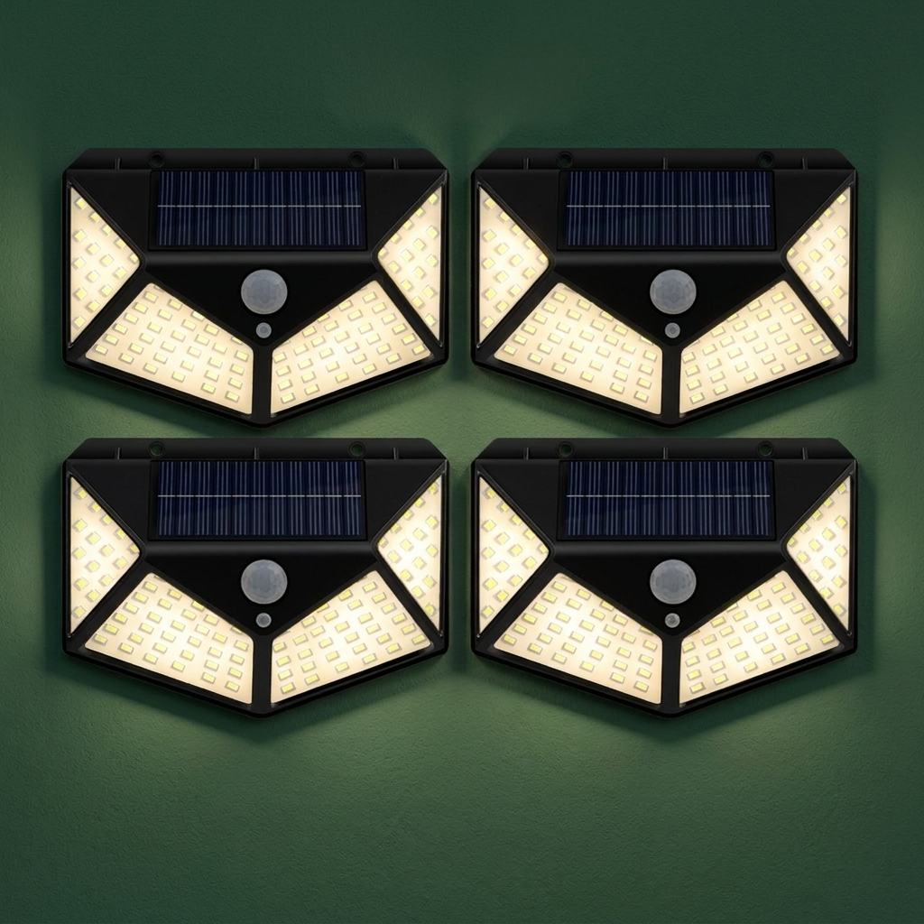 Four solar motion sensor wall lights lit at dusk on a deep green exterior wall