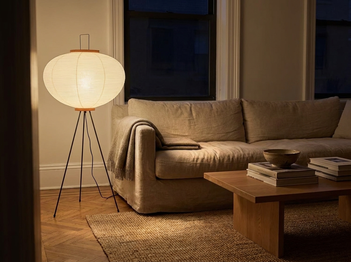 Rice paper floor lamp lighting a linen sofa and jute rug in a living room at night