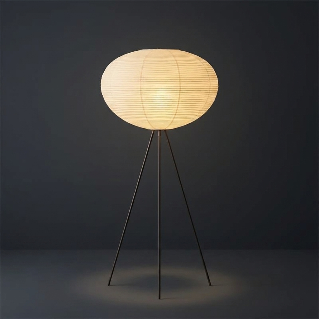Lit rice paper lantern floor lamp on a slim tripod base against a charcoal wall