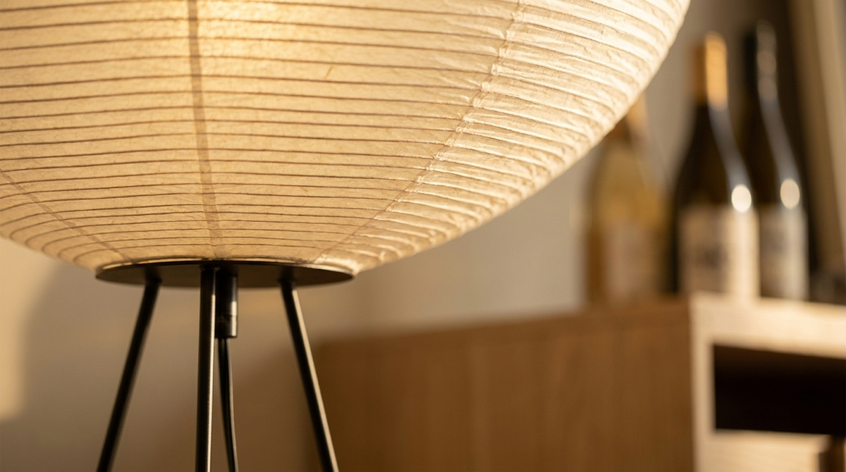 Close detail of the ribbed rice paper shade lit from within and the tripod leg joint