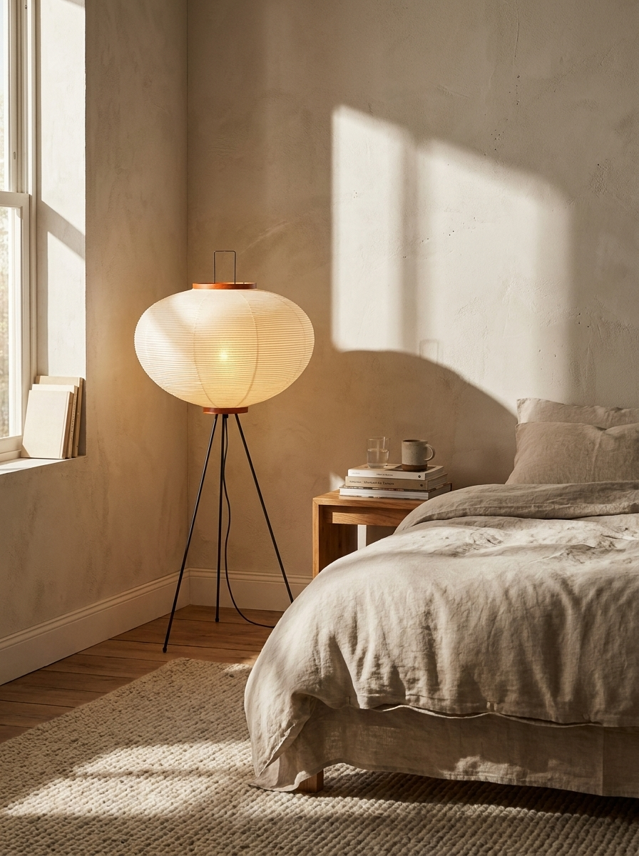 Rice paper floor lamp in a bedroom corner beside a bed in late afternoon light